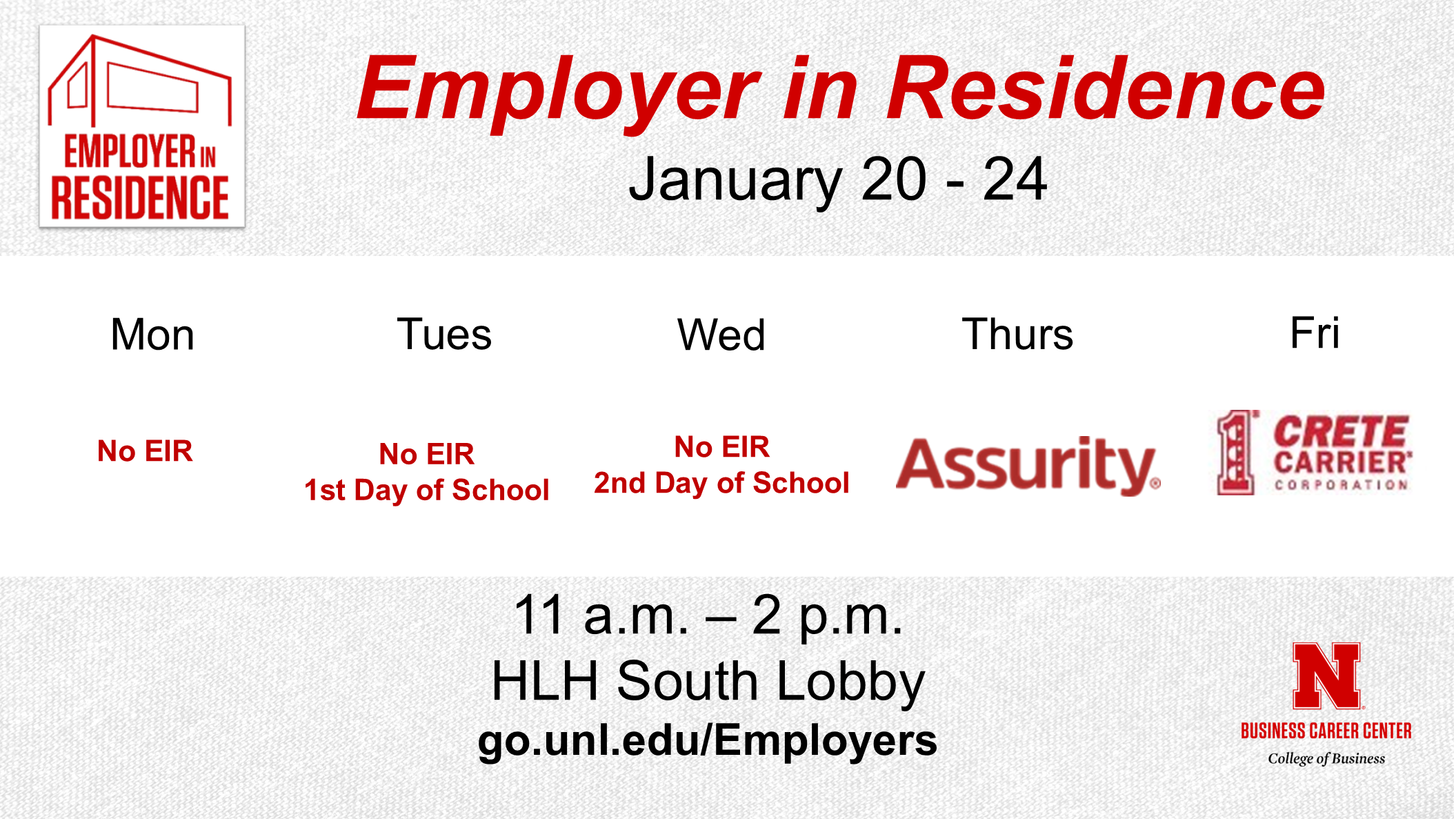 Employer in Residence | Schedule for January 20 - 24