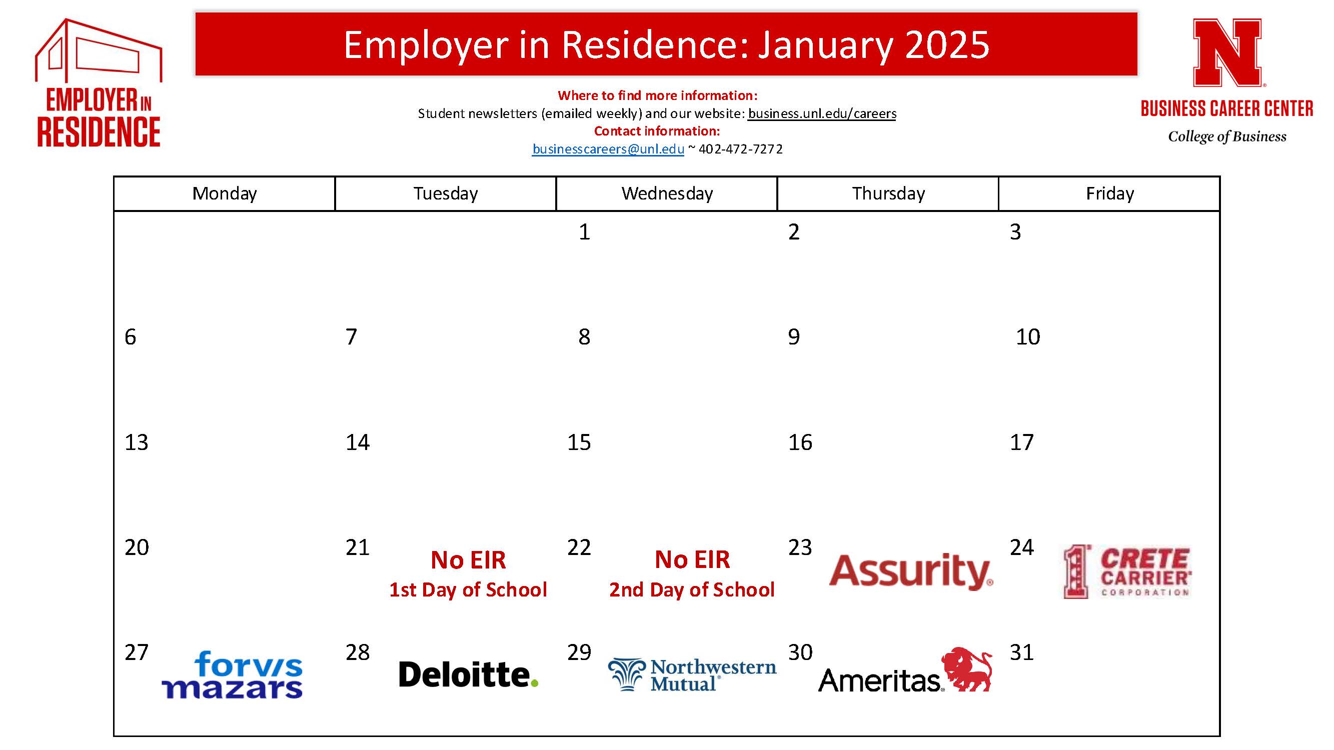 Check Out the January 2025 Employer in Residence Calendar!