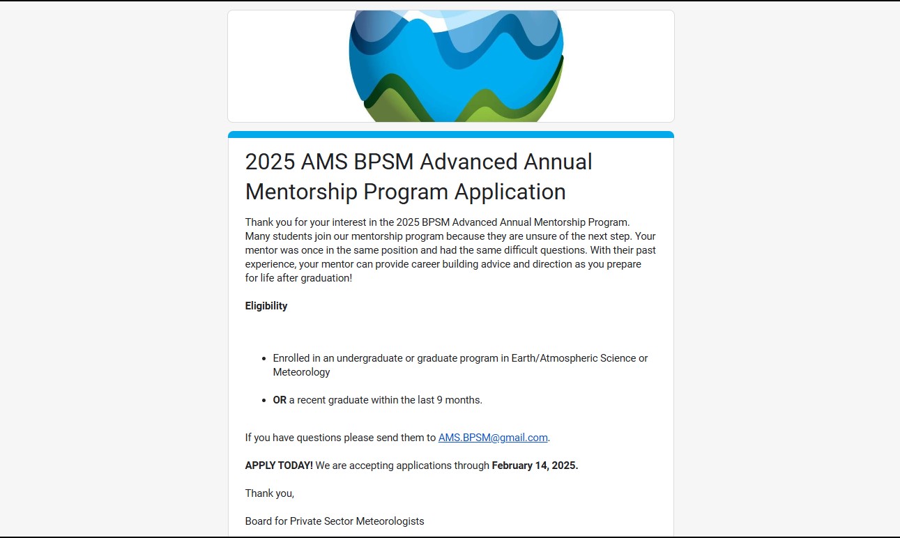 2025 AMS Board for Private Sector Meteorologists (BPSM) Advanced Annual Mentorship Program Application