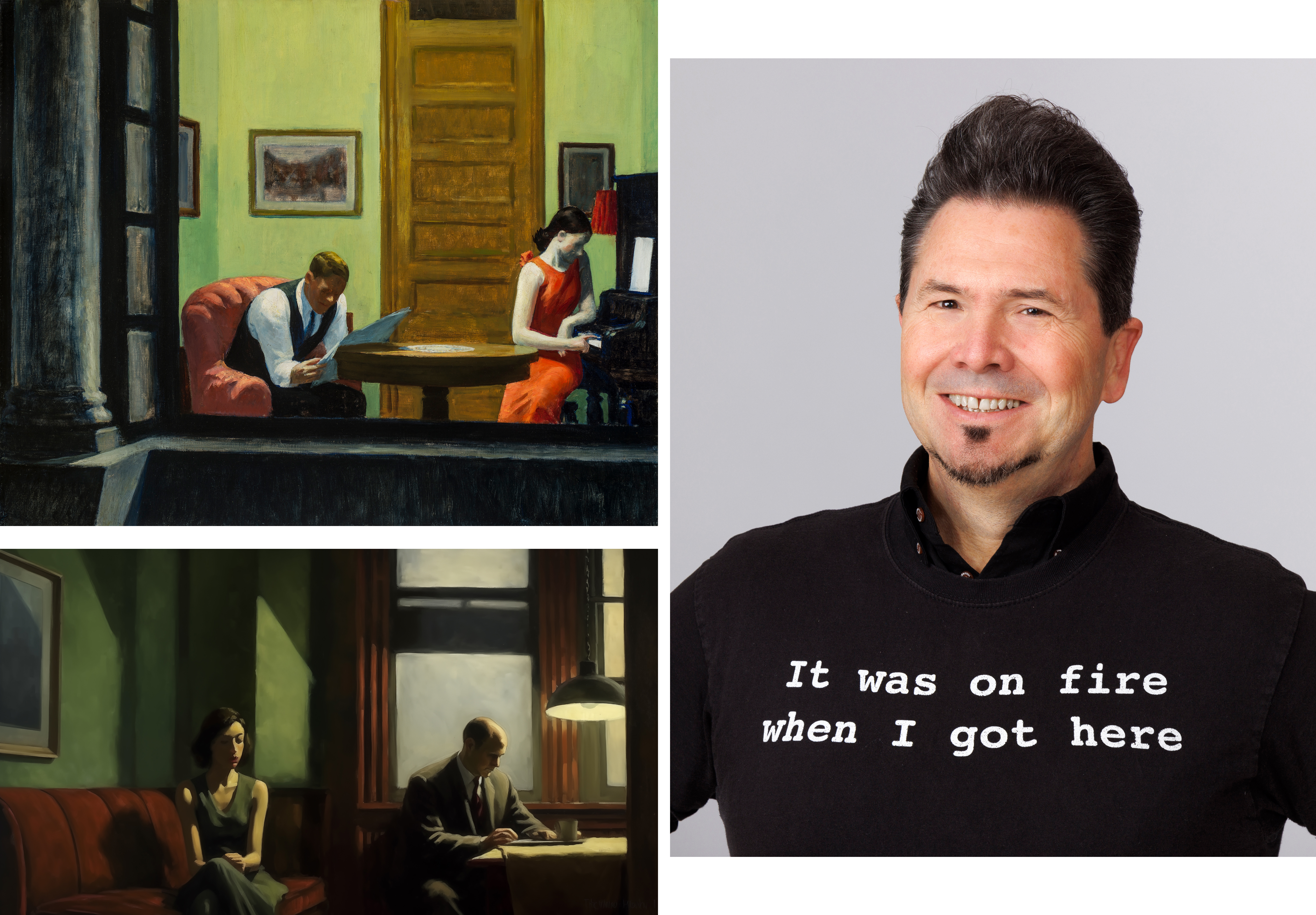 Top Left: Edward Hopper, “Room in New York,” Sheldon Museum of Art, University of Nebraska–Lincoln, Anna R. and Frank M. Hall Charitable Trust, H-166.1936. Bottom left: Dan Novy’s generative Edward Hopper image. Right: Dan “NovySan” Novy.