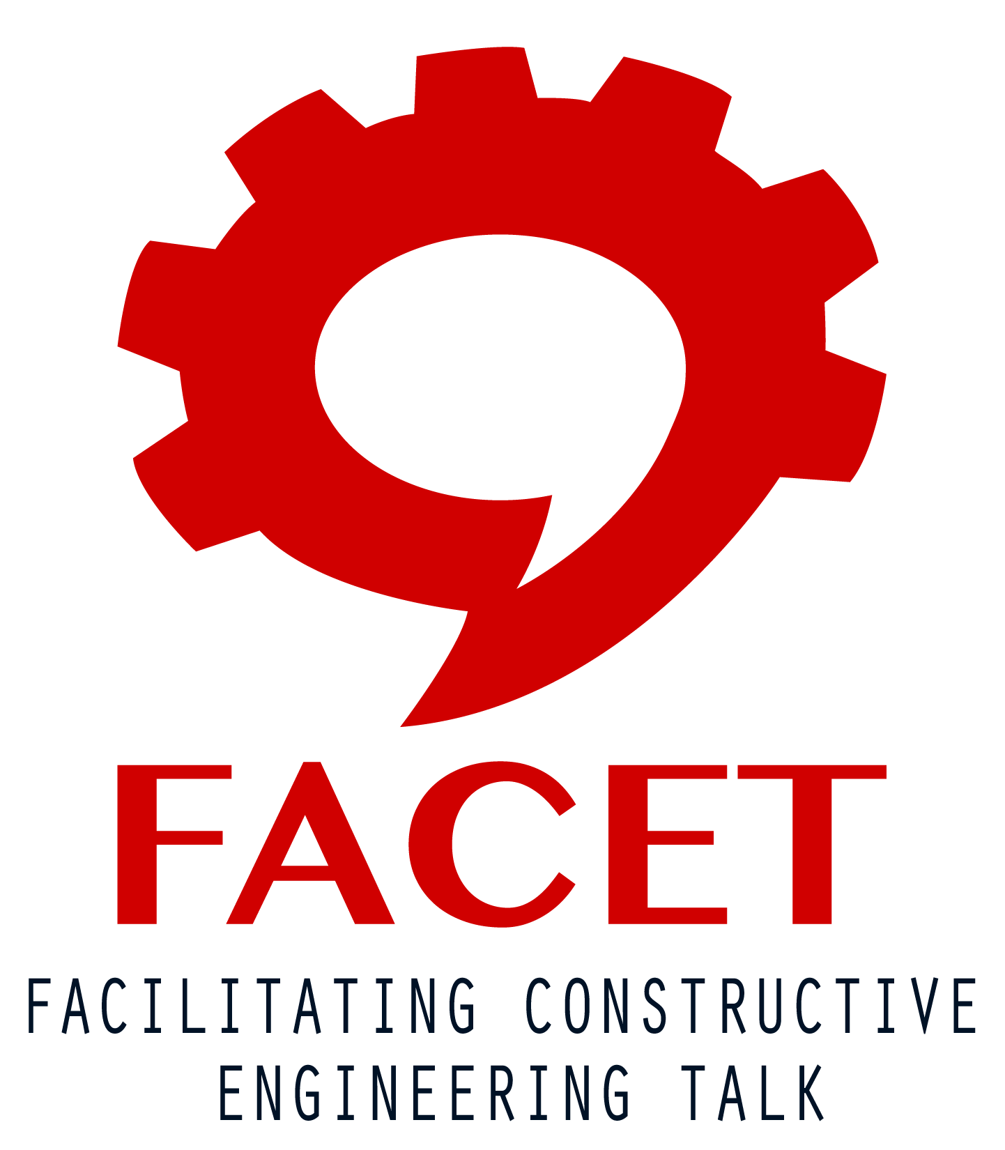 Red talk bubble with the top shaped like a gear. The acronym FACET written in red below. 