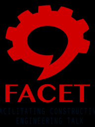 Red talk bubble with the top shaped like a gear. The acronym FACET written in red below. 