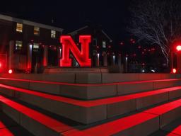 The iconic Nebraska "N" shines outside the Wick Alumni Center during the 2024 Glow Big Red event. The annual day of giving is Feb. 12-13 and gives Huskers a chance to show their love for Dear Old Nebraska U.