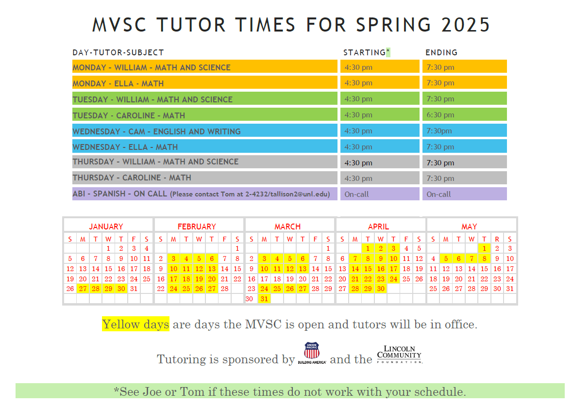 MVSC Tutor Times for Spring 2025