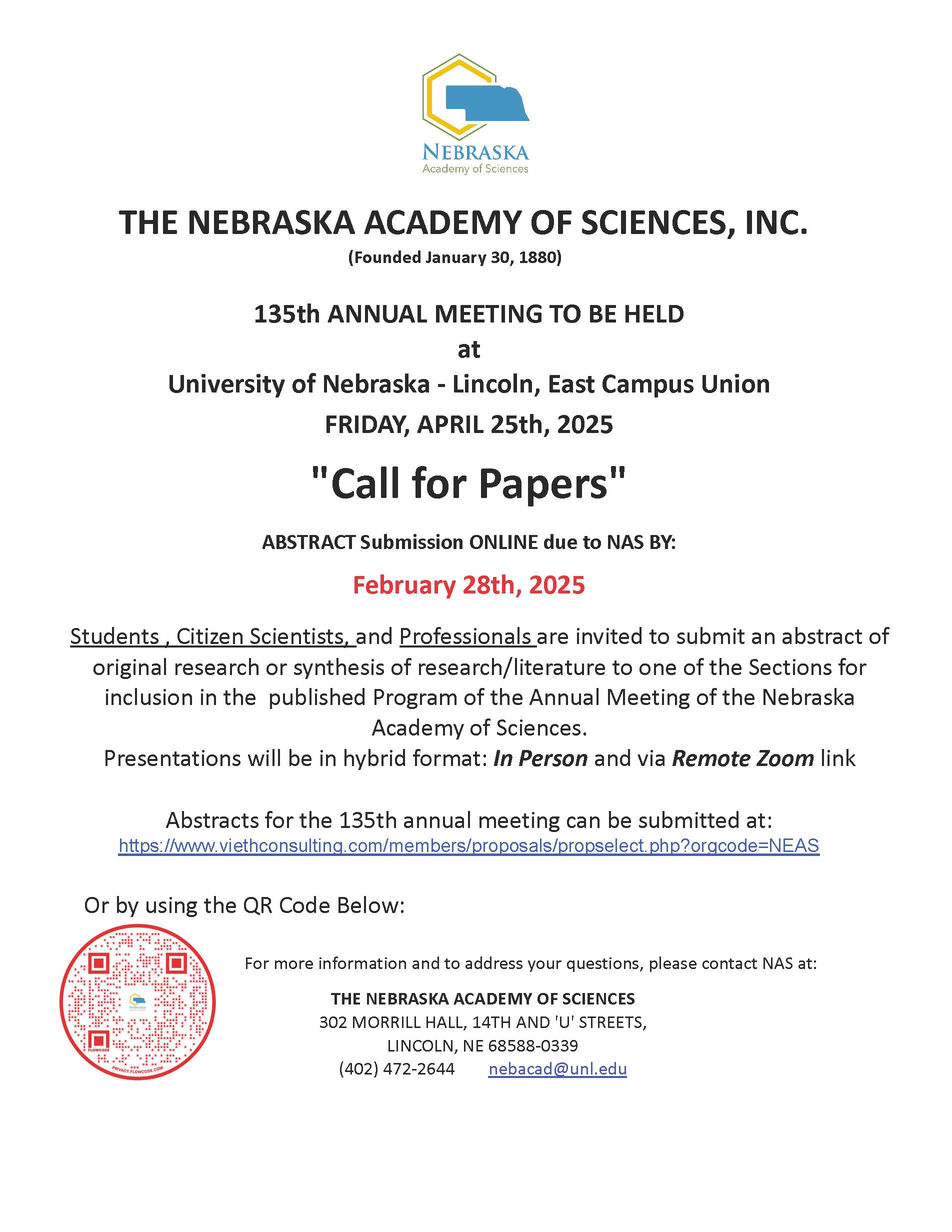 Nebraska Academic of Sciences (NAS) Annual Meeting Call for Papers