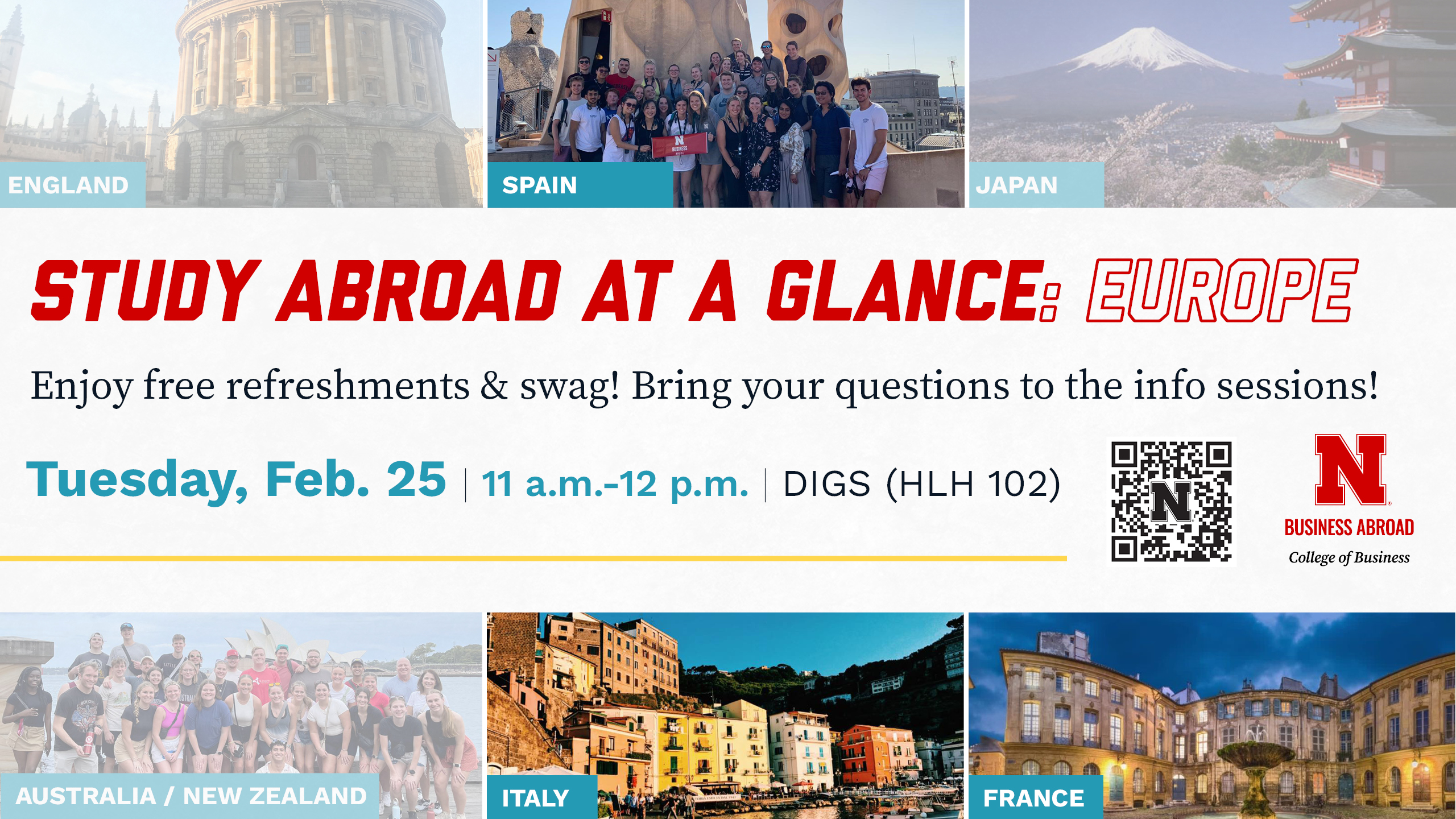 Study Abroad at a Glance: Europe | Tuesday February 25 from 11-12 p.m. in DIGS (HLH 102)