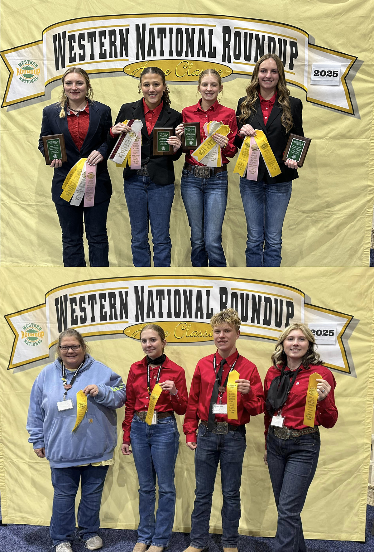 (Top L–R) Horse Judging team: Shea Frink, Taeva Taylor, Kayla Isaacs and Cayle Callahan; (Bottom L–R) Hippology Team: Coach Ann Gillentine, Amelia Proffitt, Max Roberts and Ada Bordovsky