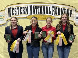 (Top L–R) Horse Judging team: Shea Frink, Taeva Taylor, Kayla Isaacs and Cayle Callahan; (Bottom L–R) Hippology Team: Coach Ann Gillentine, Amelia Proffitt, Max Roberts and Ada Bordovsky