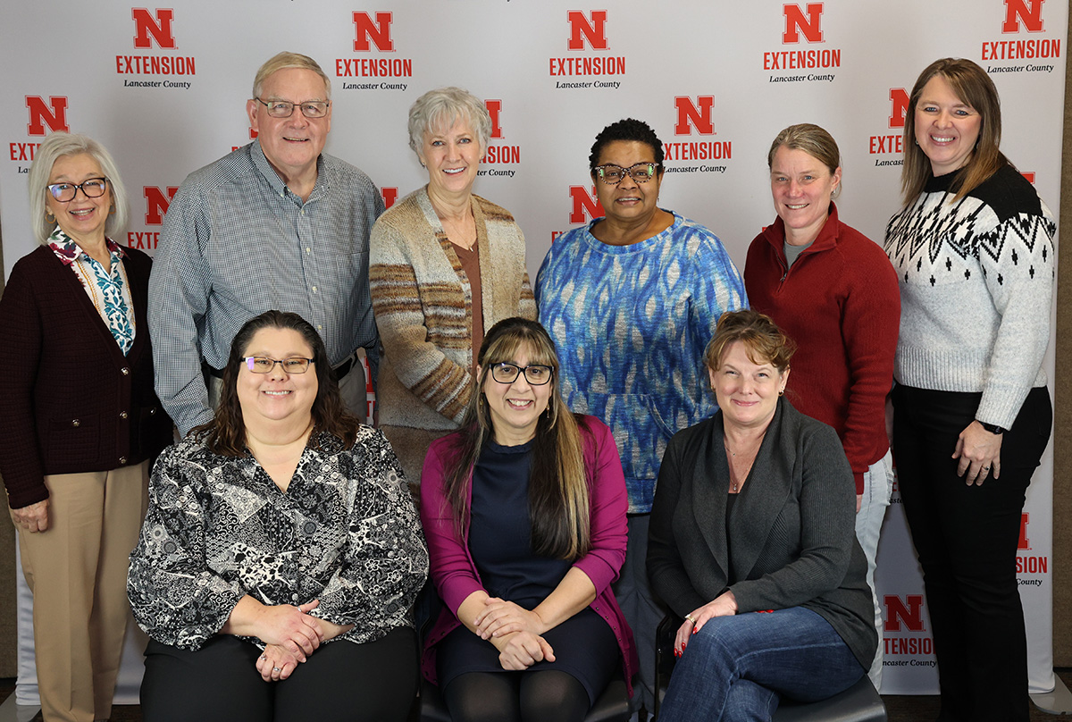 Front row (L–R): Nicole Miller, Zainab Rida, Teresa Erdkamp;  Back row (L–R): Karen Wobig (Extension Unit Leader), Phil Tegeler, Kim Klein, Regina Sullivan, Meghan Sittler, Jenny DeBuhr (Extension Administrative Services Officer)