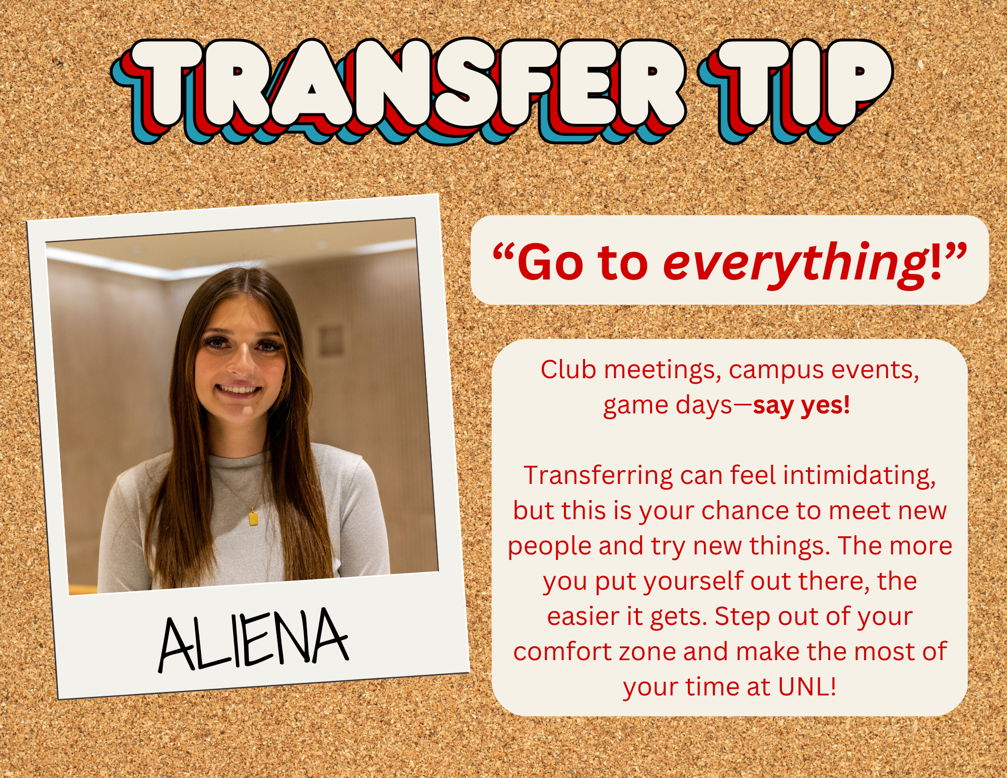 Aliena is a transfer student and peer mentor with CAST. Match with your own peer mentor at success.unl.edu/transfer