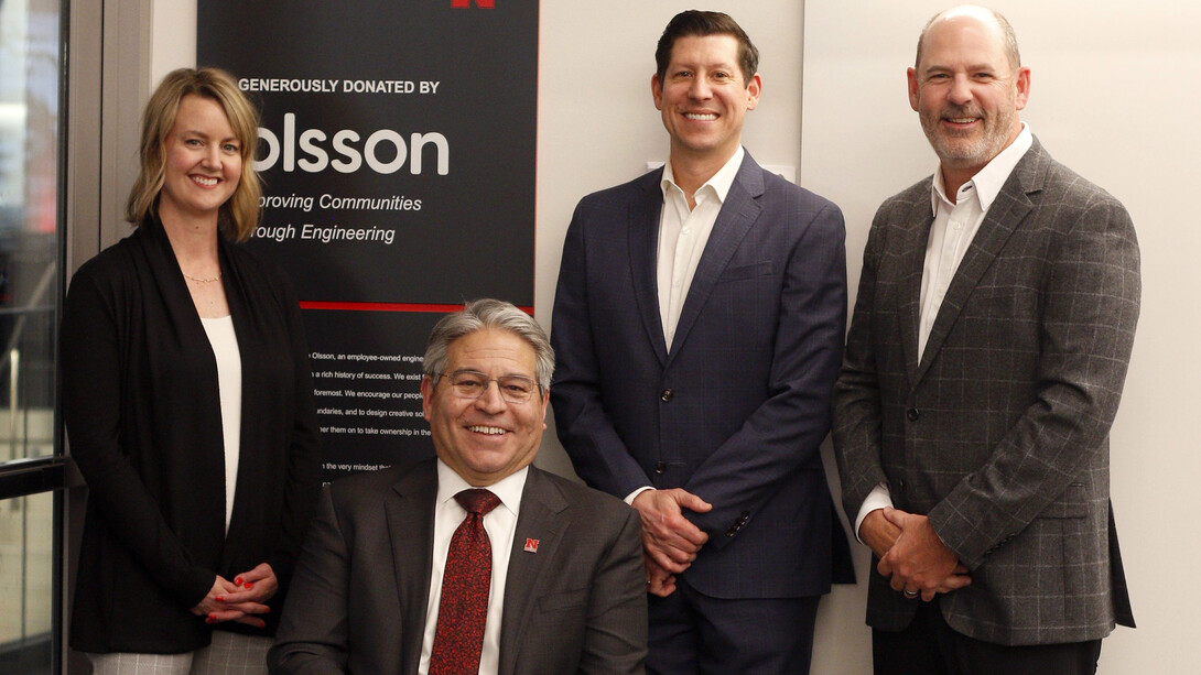 Pictured with Lance C. Pérez, Fred Hunzeker Dean of Engineering (second from left), are Olsson team members Katie Underwood (left) and Nick Steinke (third from left); and Brad Strittmatter, Olsson president and CEO. (NU Foundation photo)