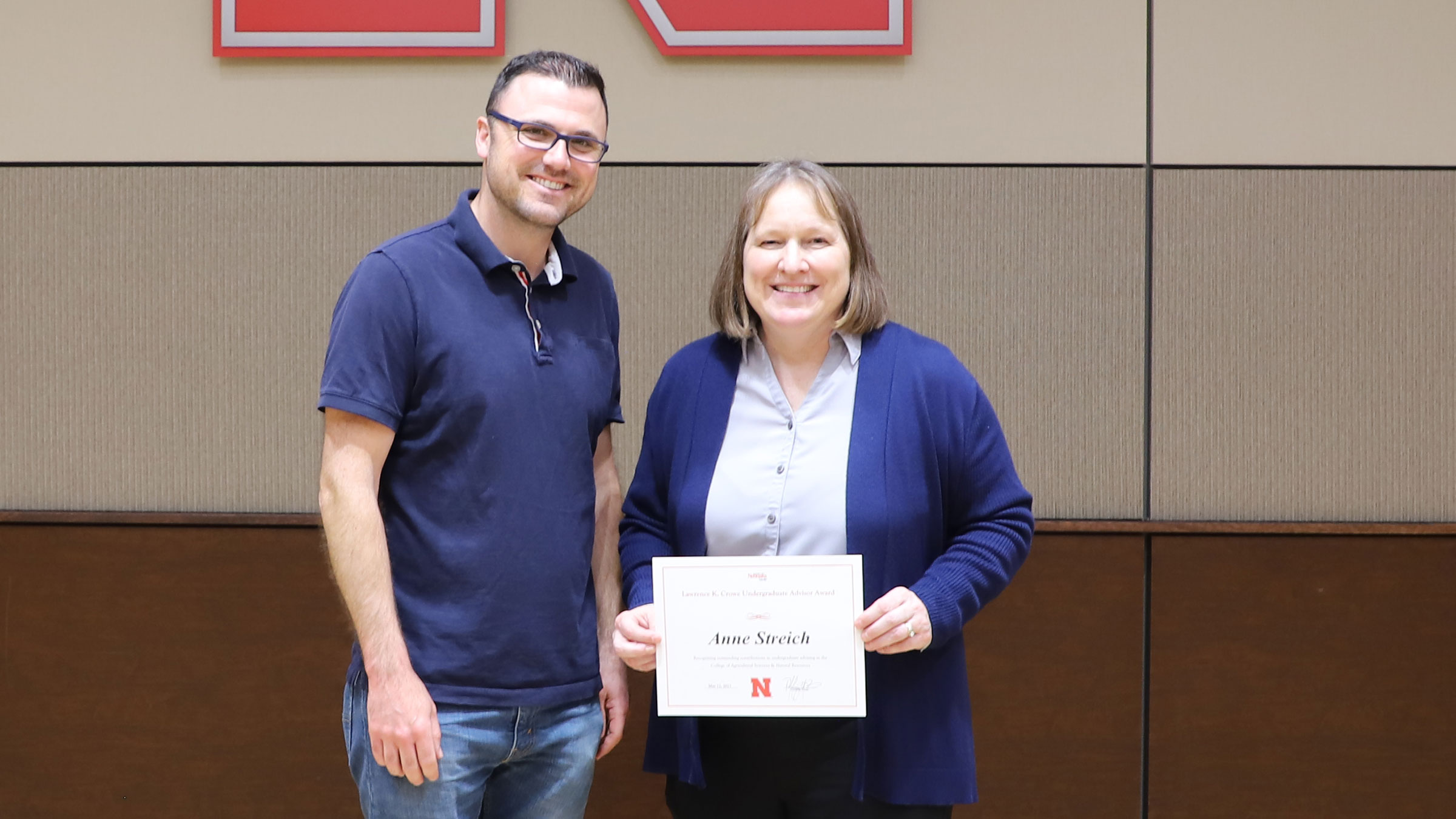 Nominator Sam Wortman (left) and Anne Streich (right) pose for a photo at the CASNR Awards Luncheon May 12, 2023. Streich was honored with the Lawrence K. Crowe Outstanding Undergraduate Advising Award.