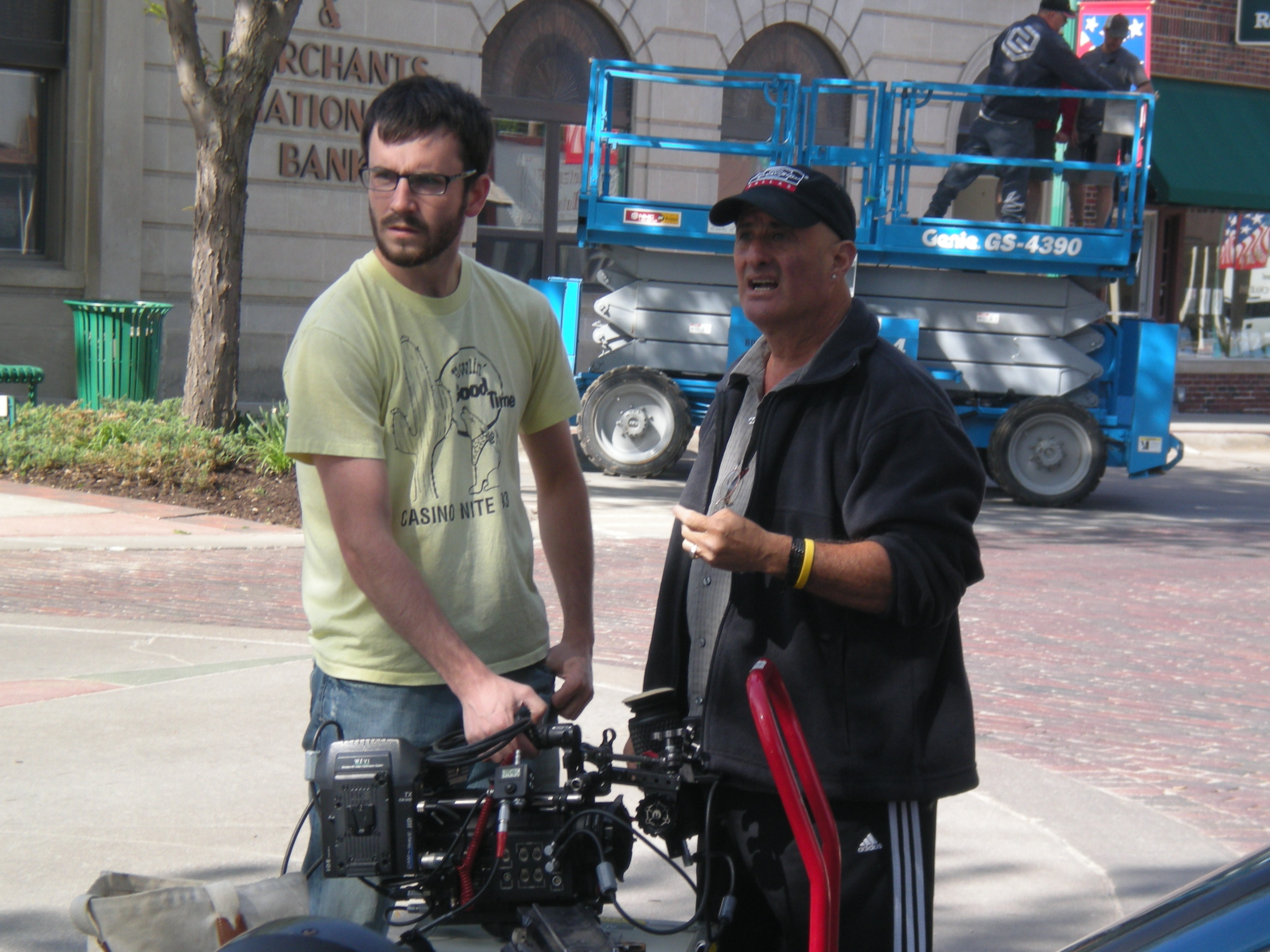 Johnny Carson School of Theatre and Film student Aaron Nix (left) receives instructions from Camera Assistant Bob Heine during filming of the first Carson Film, "Vipers in the Grass." 