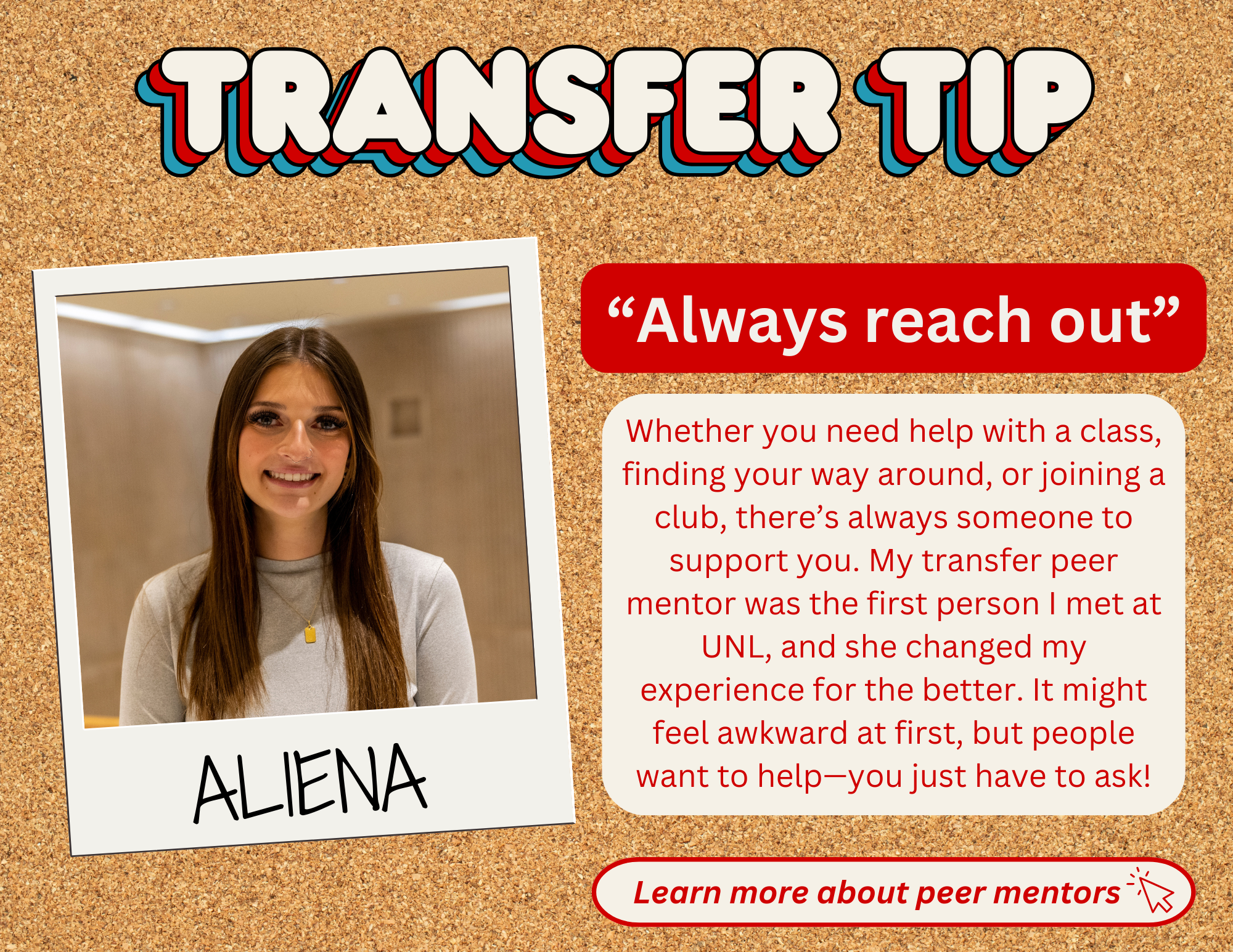Aliena is a transfer student and peer mentor with CAST. Match with your own peer mentor at success.unl.edu/transfer