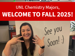 Chemistry Academic Advisor, Rachelle Webster smiling and welcoming students to Fall 2025 with &lsquo;2&rsquo; and &lsquo;5&rsquo; hand gestures.