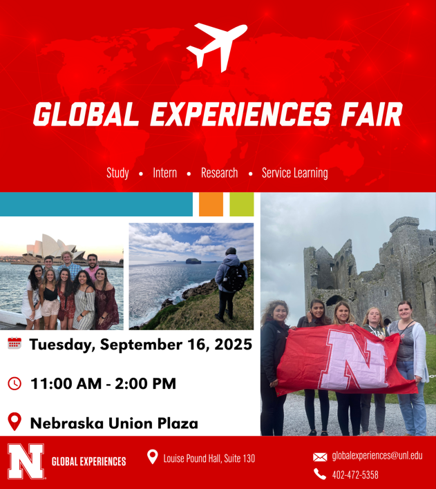 Global Experiences flyer advertising Sept 16, 2025 Fair in Nebraska Union Plaza from 11am-2pm with photo of students abroad.