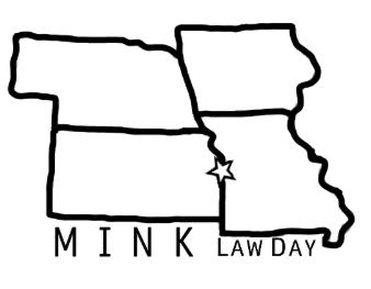 Map showing Nebraska, Iowa, Kansas, and Missouri with a star over Overland Park, Kansas and the words MINK Law Day