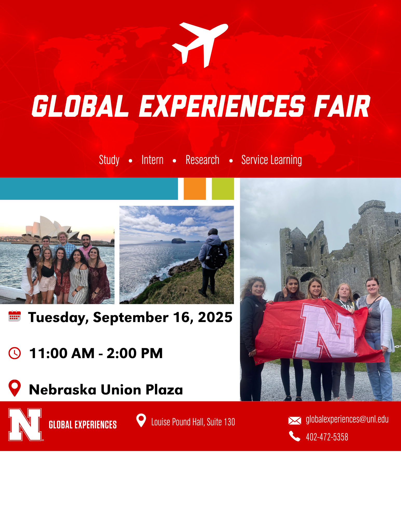 flyer for global experiences fair showing dates and photos of students abroad