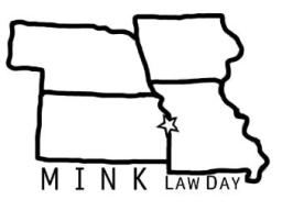 Map showing Nebraska, Iowa, Kansas, and Missouri with a star over Overland Park, Kansas and the words MINK Law Day