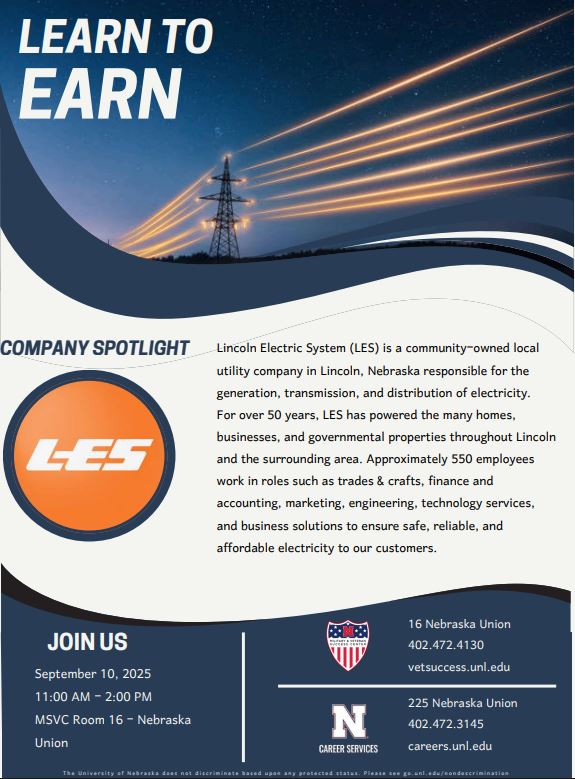 Learn to Earn event flyer with LES company logo and transmission tower.