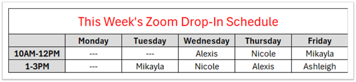 This Week's Zoom Drop-In Schedule