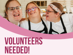 Three people with their arms around each other smiling. Text reads: Volunteers Needed!
