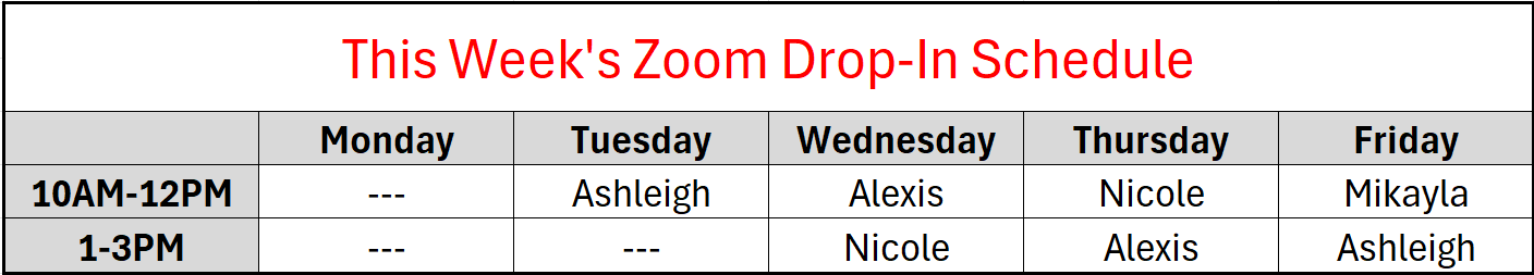 Zoom Drop-in Schedule