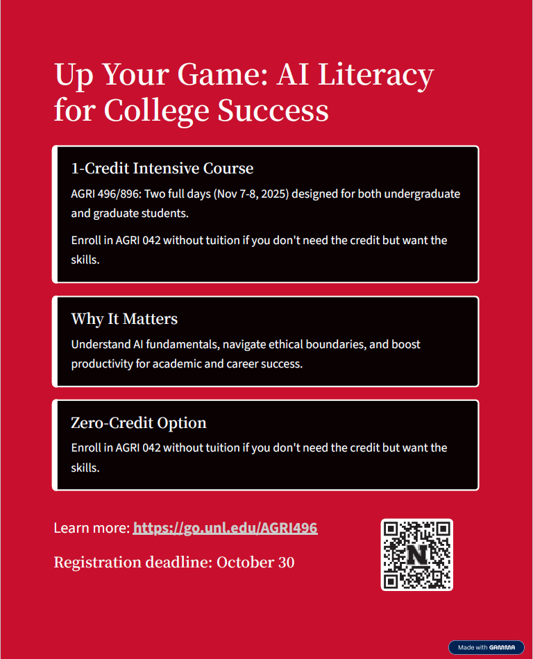 Up Your Game: AL Literacy for College Success flyer with the 1 vs 0 credit options and QR code registration.