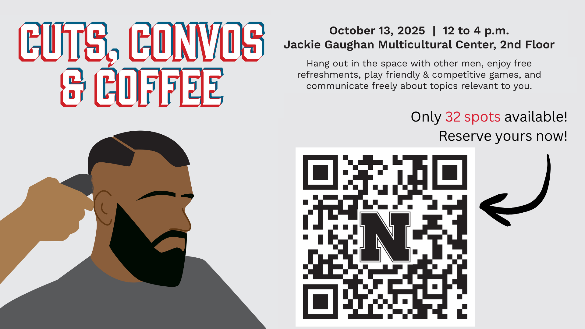 Cuts, Convos & Coffee Banner with the Sign Up QR Code