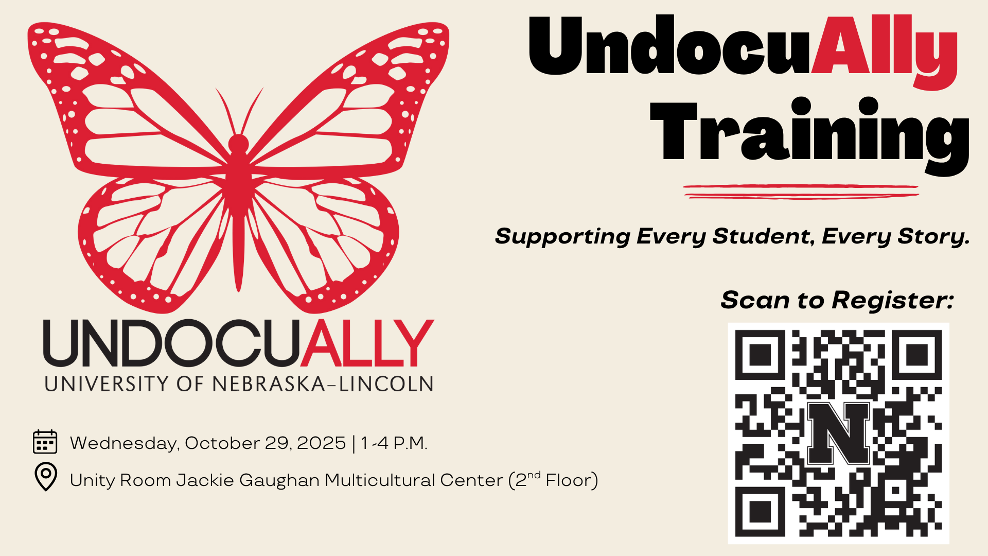 UndocuAlly Banner with the logo (butterfly), event details and the QR code with the sign up link.