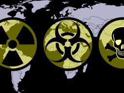 Warning signs for weapons of mass destruction with globe background