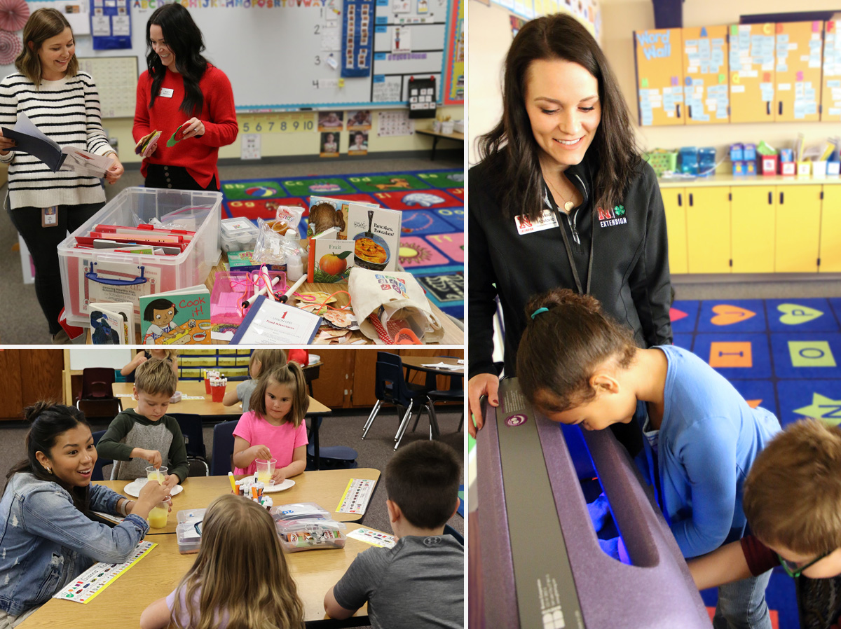 (Top left) Extension Educator Alyssa Havlovic with a kindergarten kit and teacher. (Right) Alyssa presenting handwashing using glow lotion and a black light. (Bottom) Former Extension Assistant Sam Isaacson leading kindergartners in making pudding cups.
