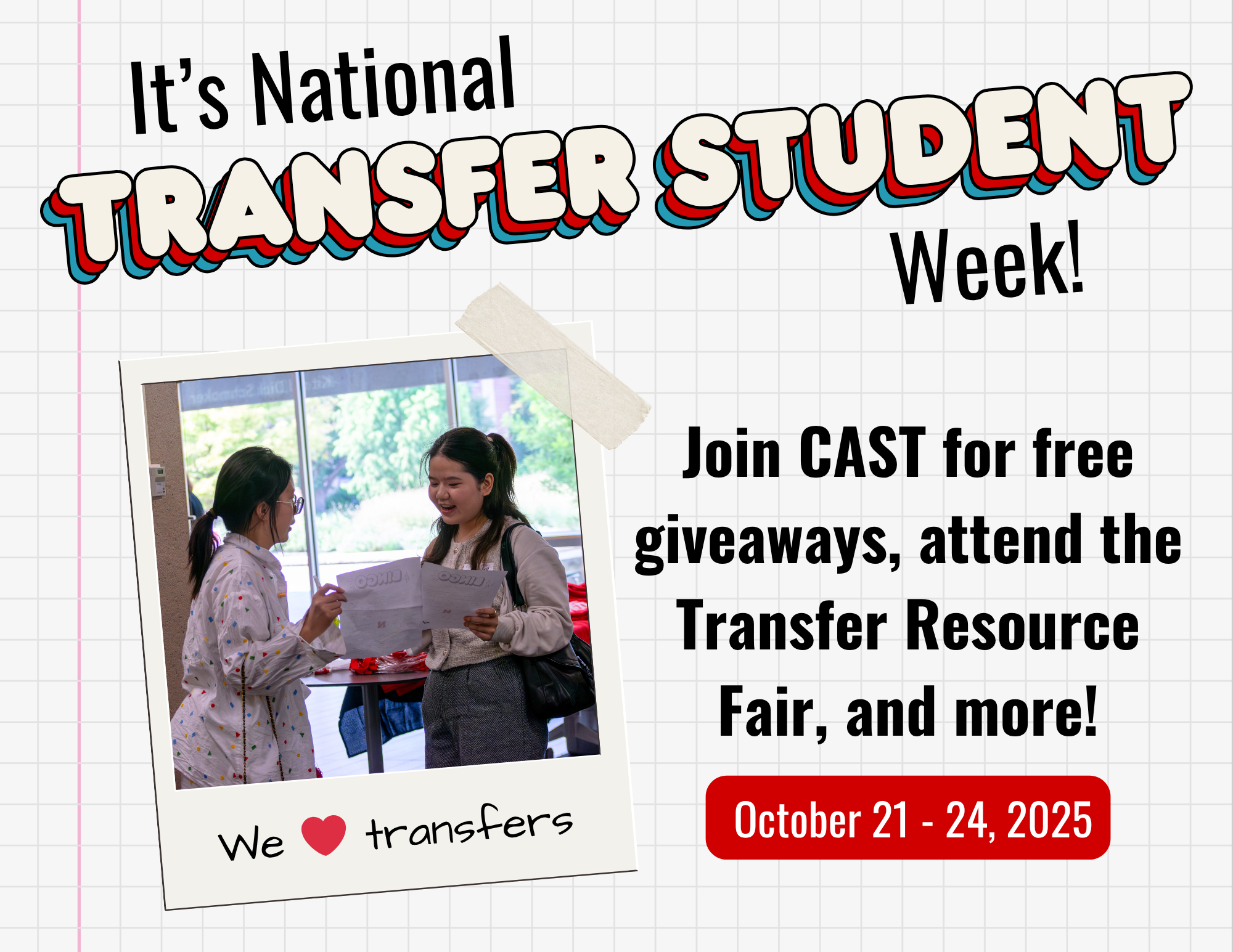 Join CAST for free coffee, snacks, and swag to celebrate! Attend a Transfer Week event for a chance to win a UNL Bookstore gift card! 