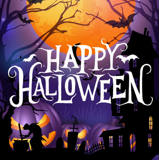Happy Halloween words with purple pumpkins and a haunted house in the background