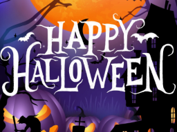 Happy Halloween words with purple pumpkins and a haunted house in the background