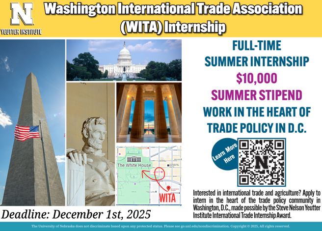 Yeutter Institute Washington International Trade Association (WITA) Internship; Full-Time Summer Internship, $10,000 summer stipend, work in the heart of Trade Policy in DC. QR code