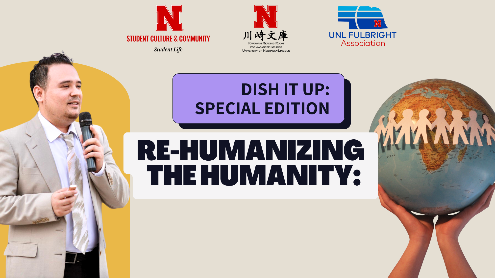 Event banner "Rehumanizing the Humanity" with speaker's photo