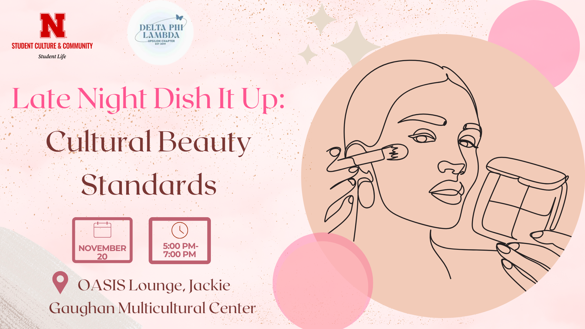 Banner with event title and details with the silhouette of a woman's face