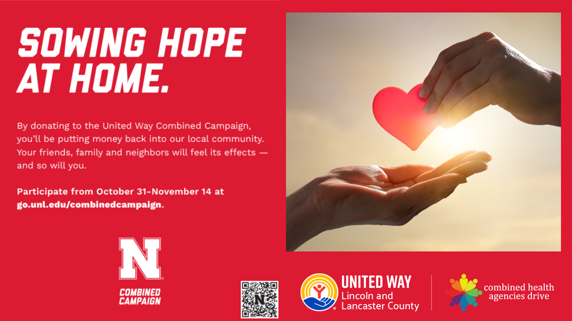 Event banner with information about the campaign and an image of helping hands