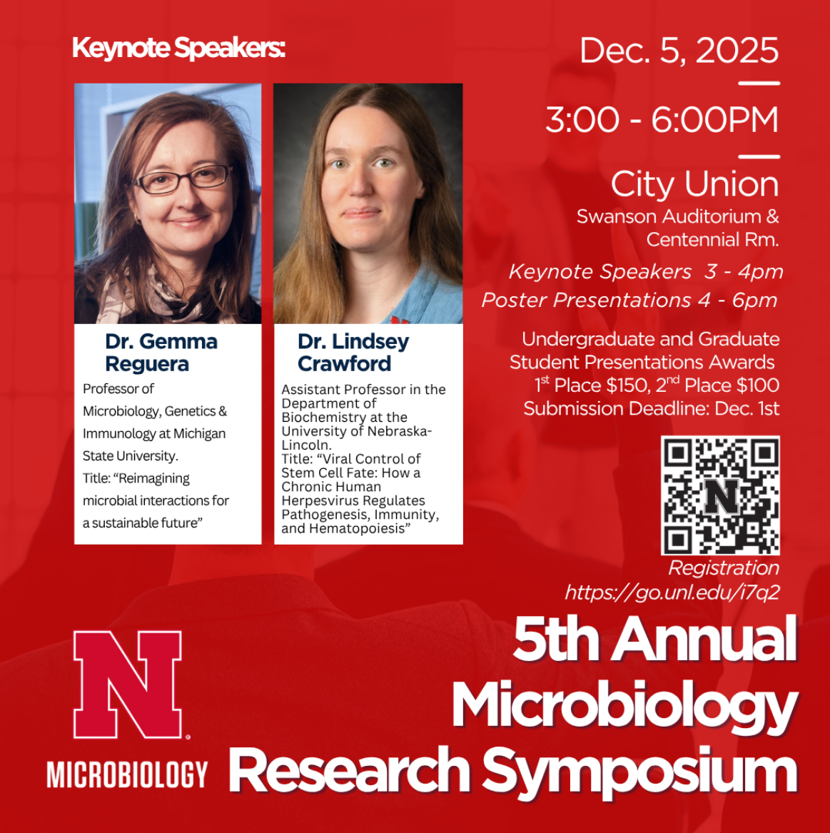 The 5th Annual Microbiology Research Symposium is being held on Dec 5, 2025 from 3-6 in the Nebraska Union.