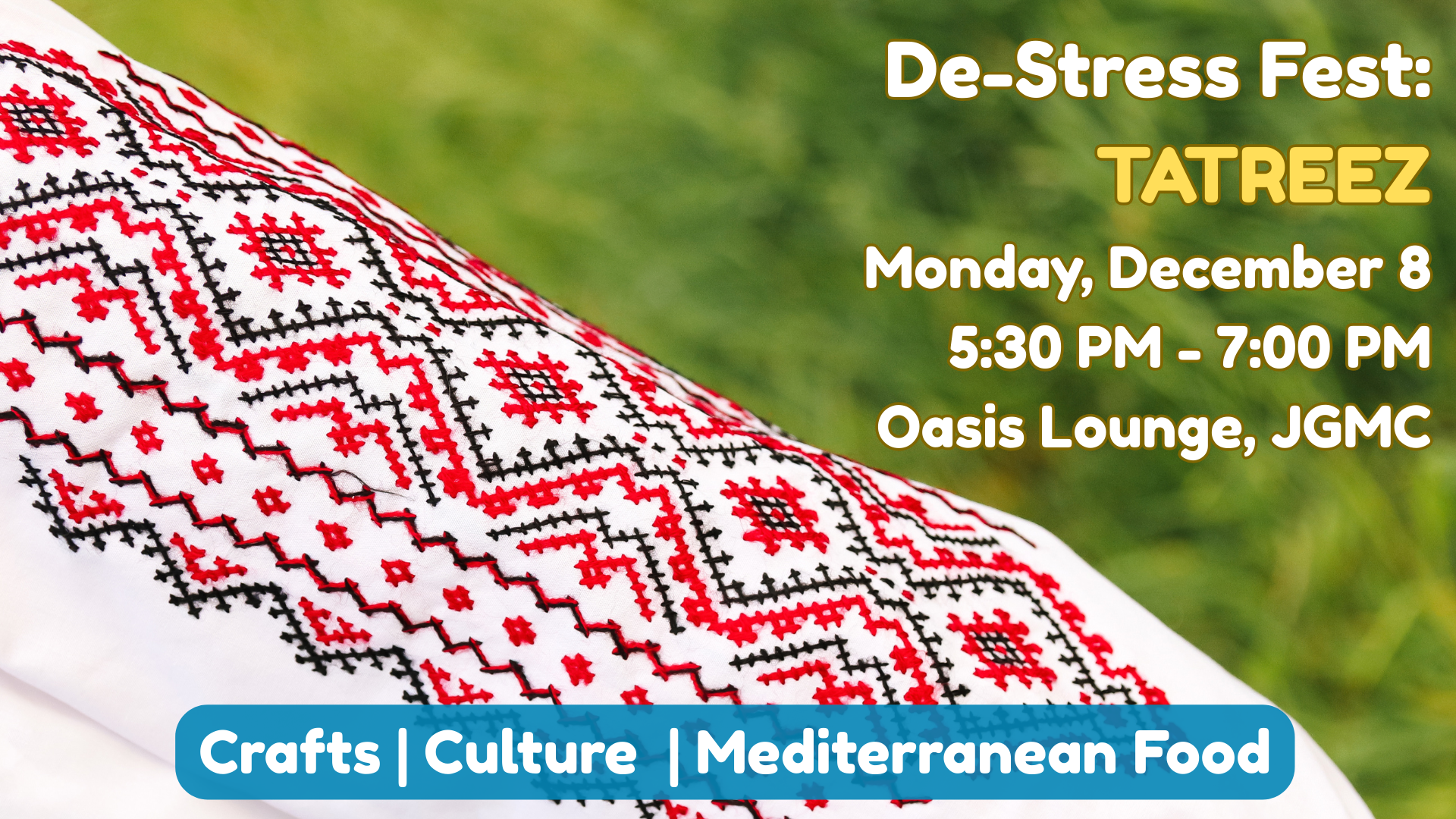 Image of tatreez embroidery with event date, time and location