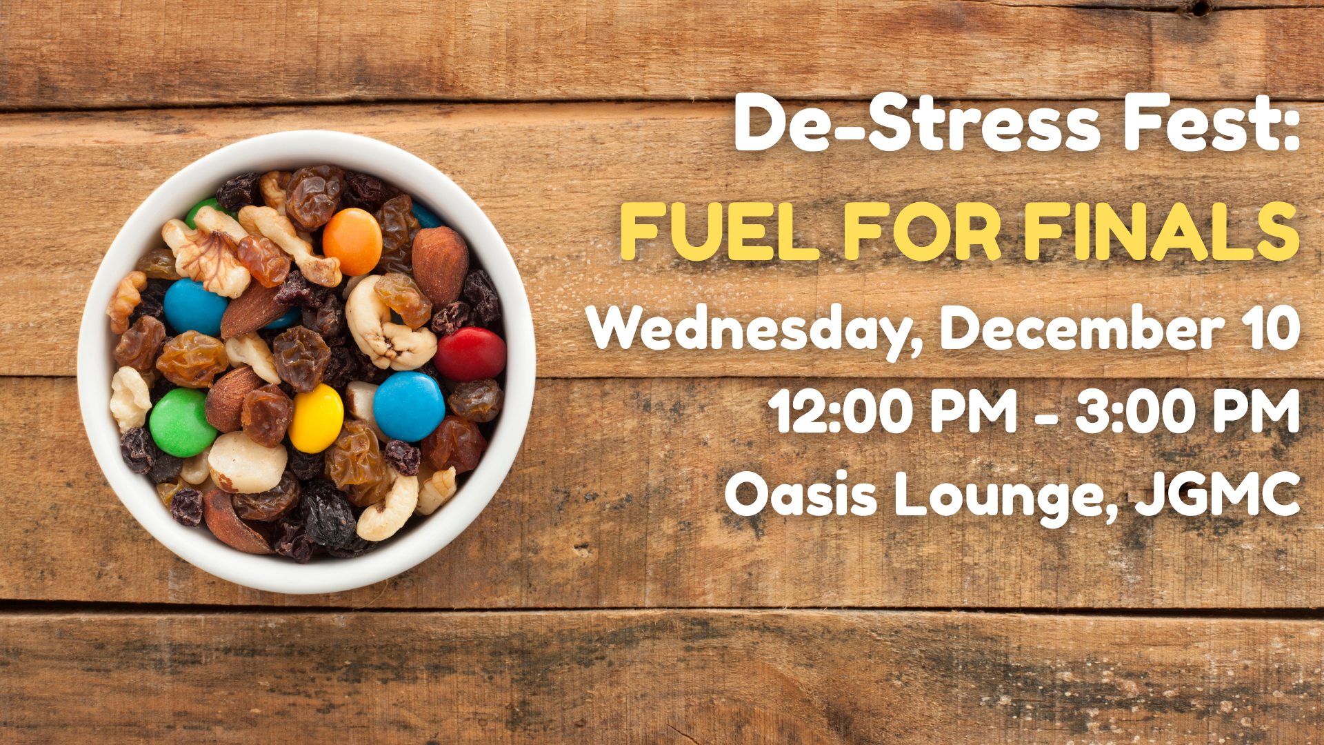 Image of trail mix in a cup and event details: date, time and location