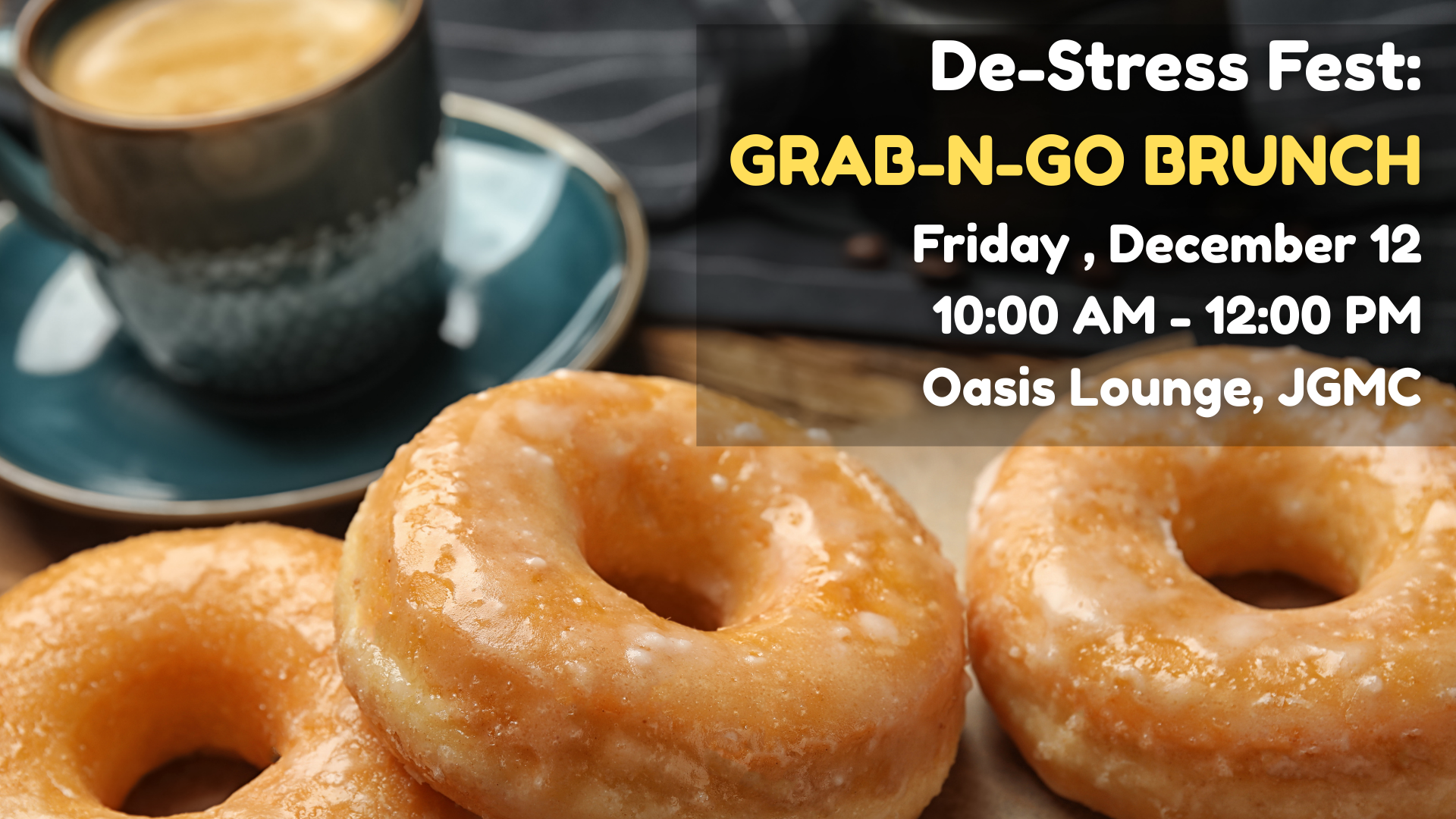 Image of a coffee cup and donuts with event details: date, time and location