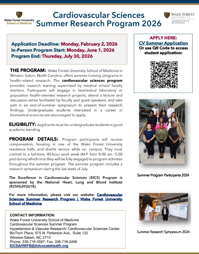 Wake Forest&rsquo;s Cardiovascular Sciences 2026 Summer Program flyer