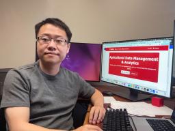 Pan showcasing the data management platform ADMA in his office in Chase Hall. 