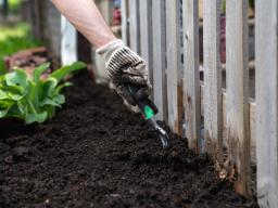 Delta Phi Fraternity volunteers till a soil to create a fairy garden during the Big Event. May 4, 2024. Photo by Kirk Rangel 
