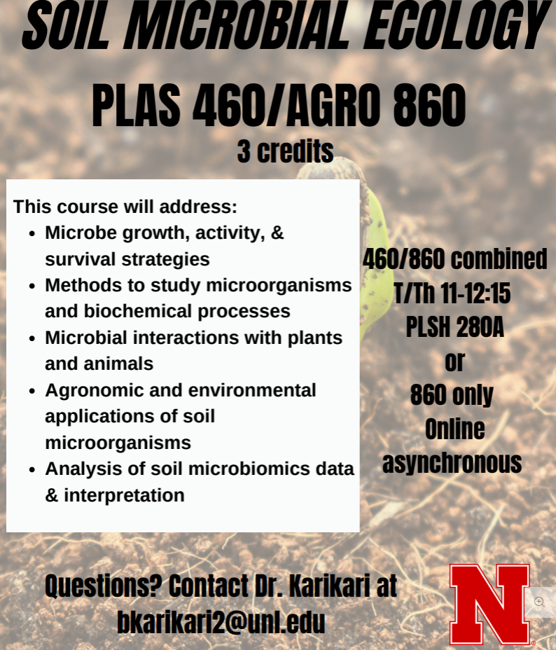 Spring Semester Soil Microbial Ecology PLAS 460 T/Th 11 - 12:15