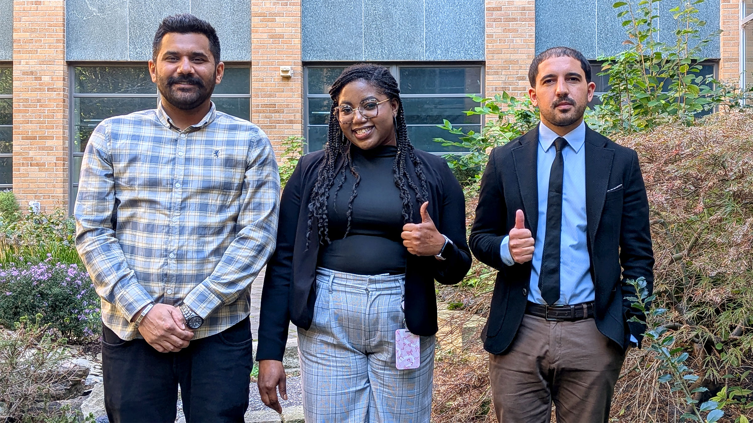 Akashdeep Kamboj (from left), Rose Alcine Lovely Zamord and Ozgur Altundas took top honors in the annual departmental Elevator Speech Contest Oct. 23.