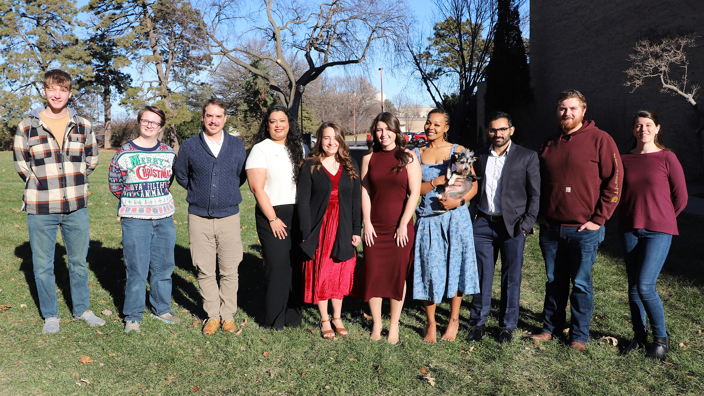 Students Xavier Fiala (from left), Ryleigh Kirby, Ezequiel Villamil, Pratiksha Baishya, Alyssa Hall, Stephanie Lugo, Bellodgia Roberson, Vipin Kumar, Cameron Grabenstein and Sarah Magee celebrate graduation with family and friends Dec. 19. 
