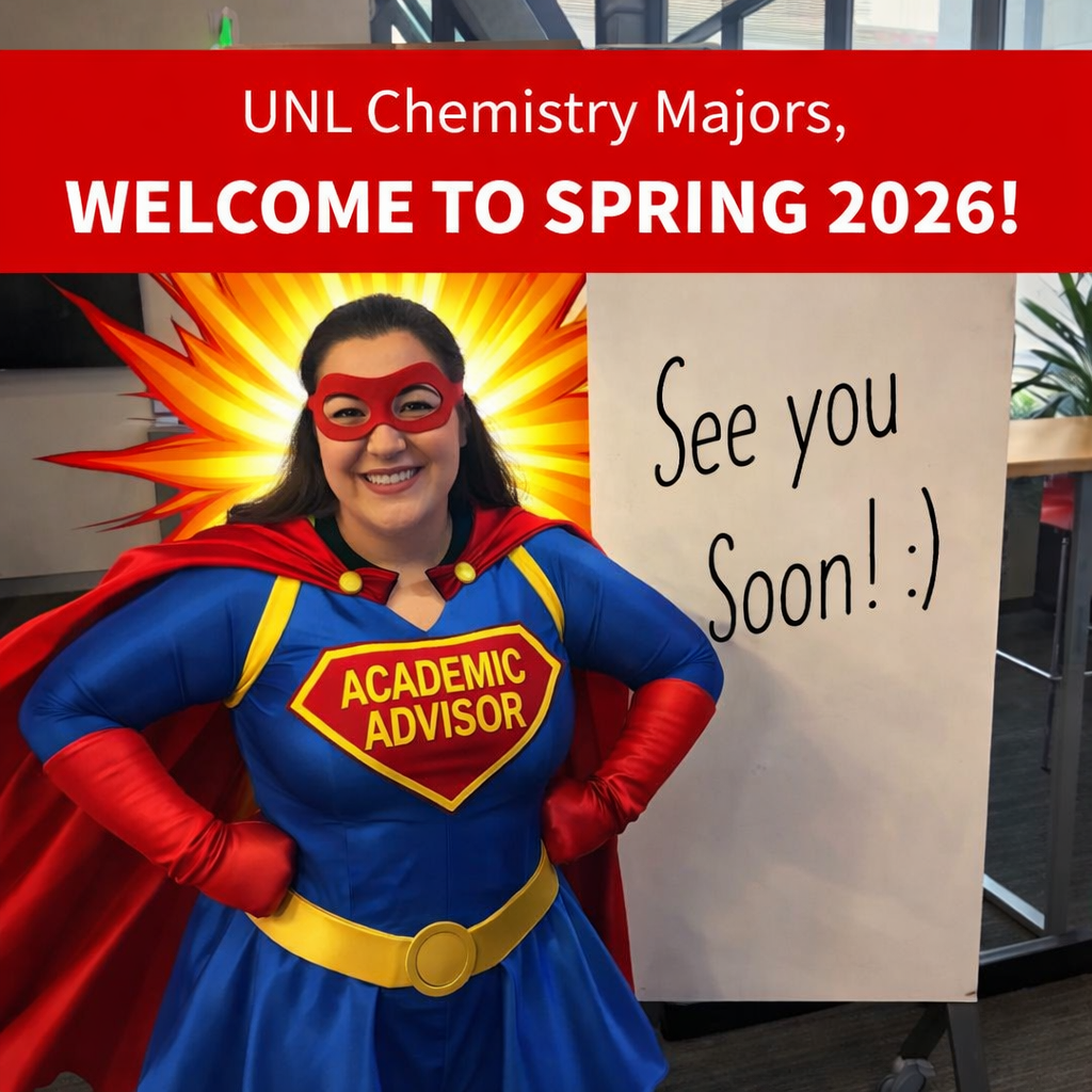 Rachelle dressed as Academic Advisor Superhero with a statement welcoming students to spring 2026!